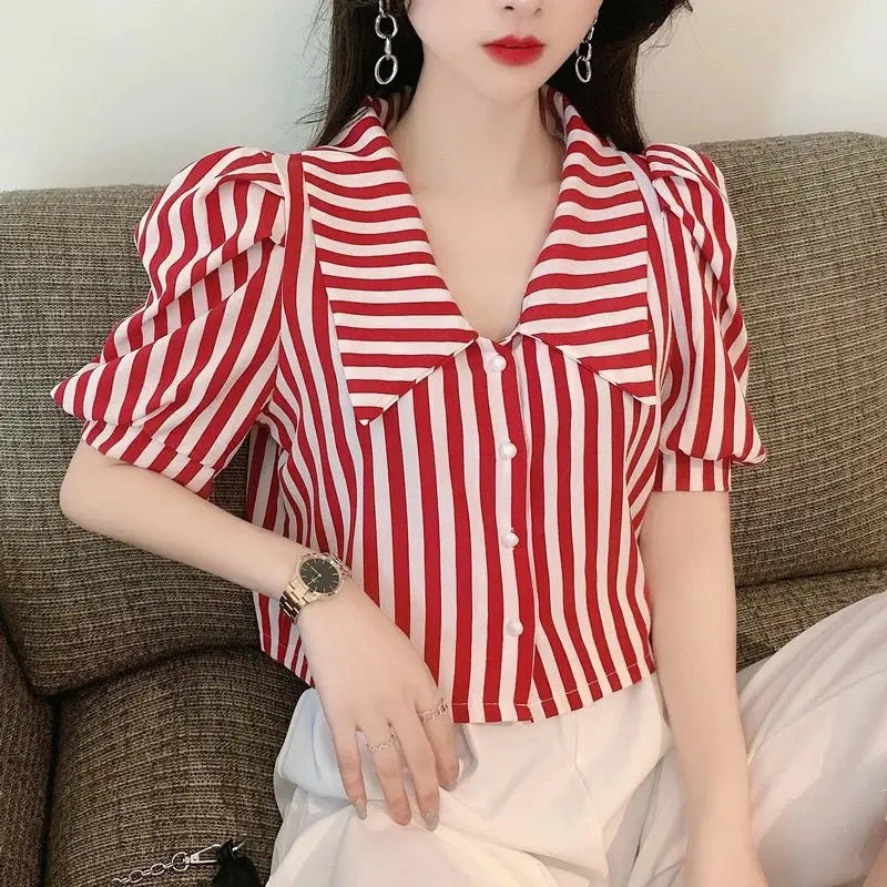 Puff Sleeve Cute Bow Collar Striped Office Blouse Shirts