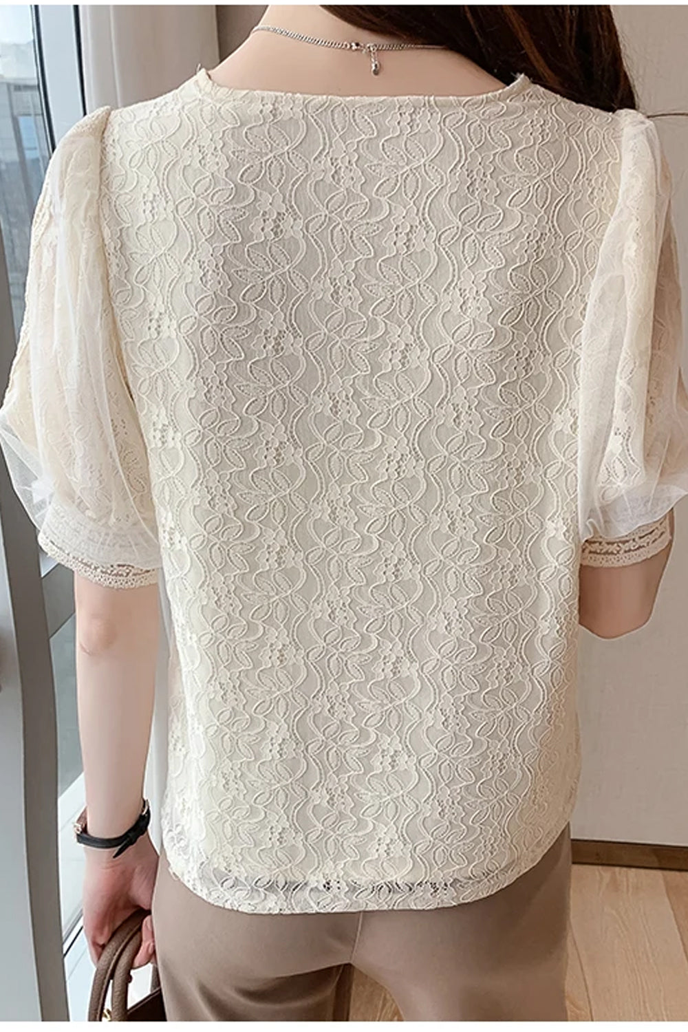 Short Sleeve V-Neck Lace Apricot Blouse Shirt