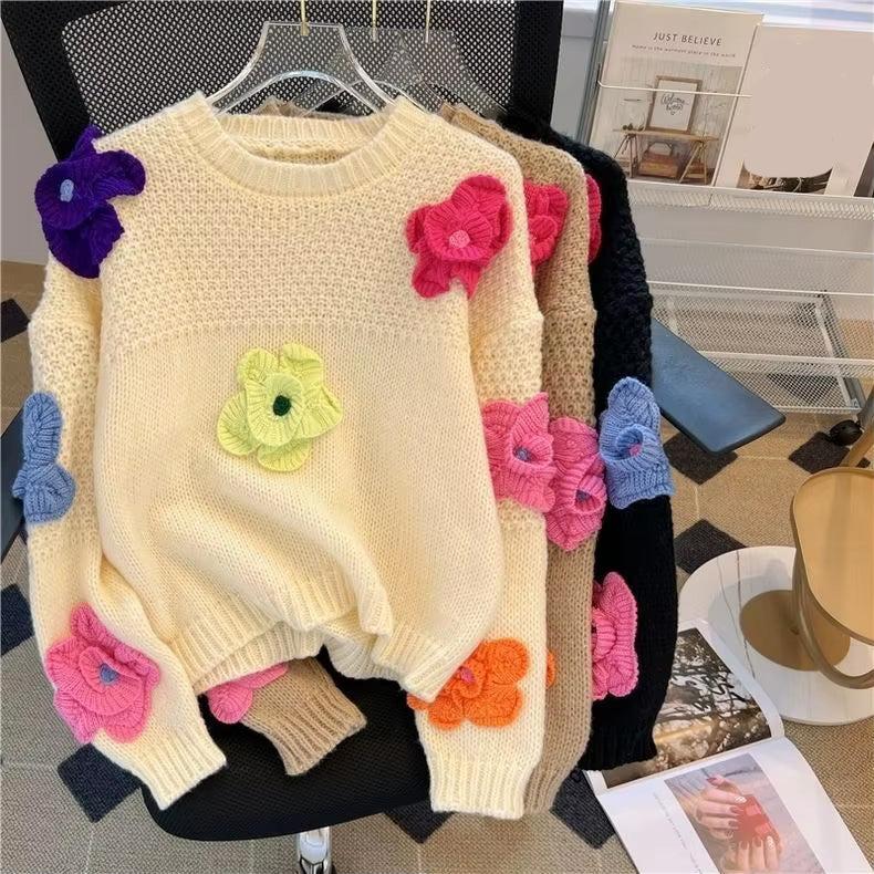 Casual 3D Flowers Knitted Sweater