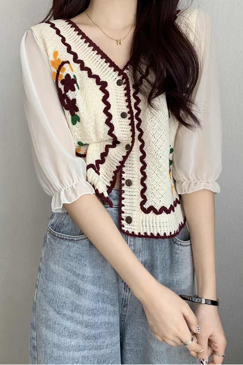 Flowers Embroidered Crochet Blouse Shirt