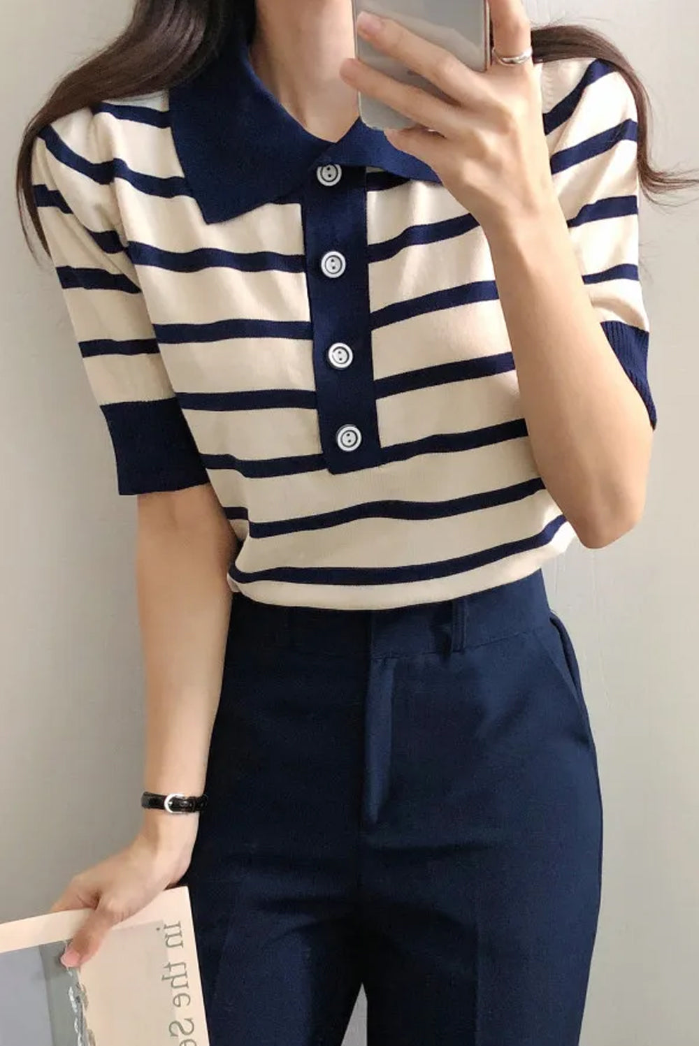 Turn Down Collar Knitted Striped Shirts