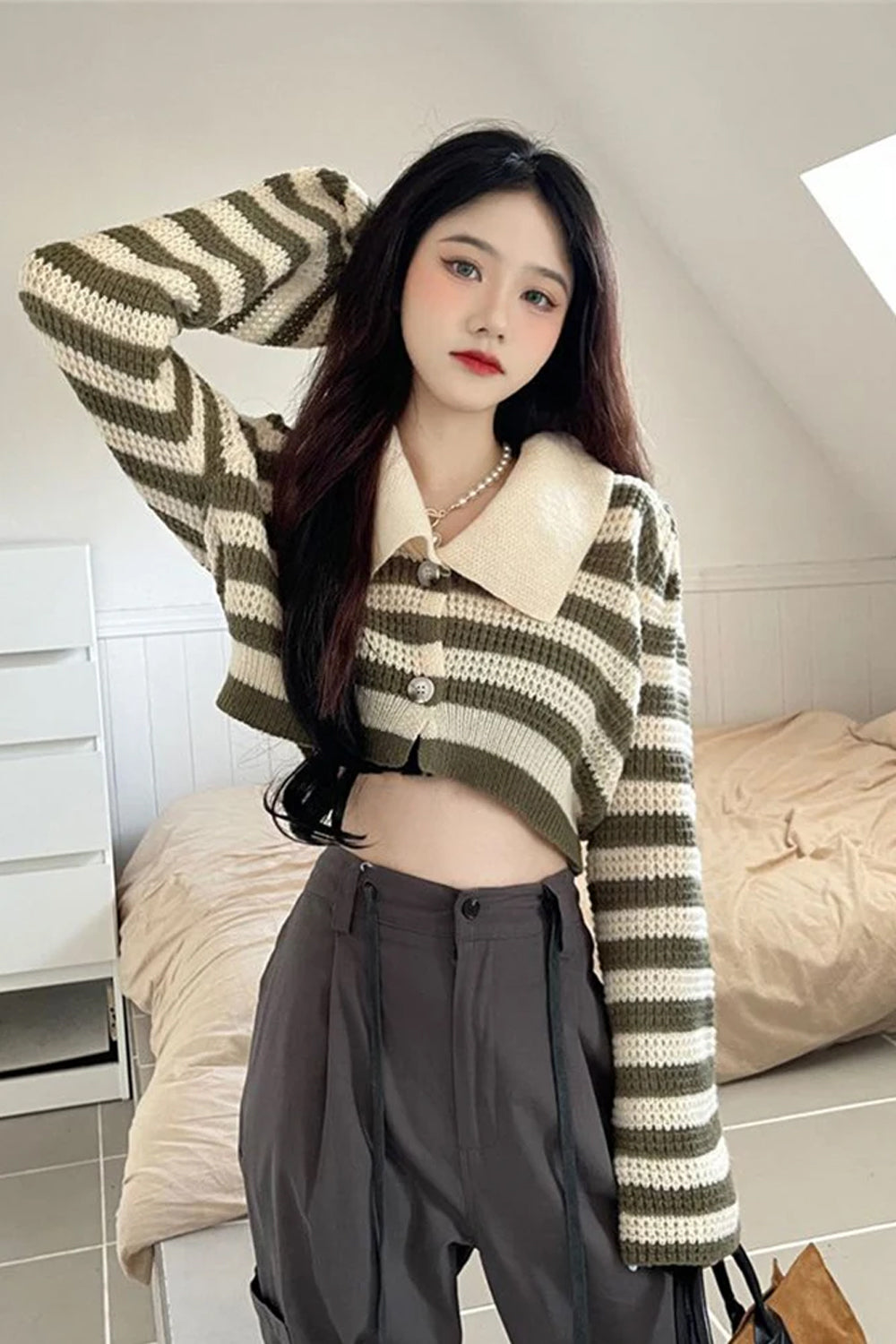 Striped Flare Sleeve Cropped Sweater