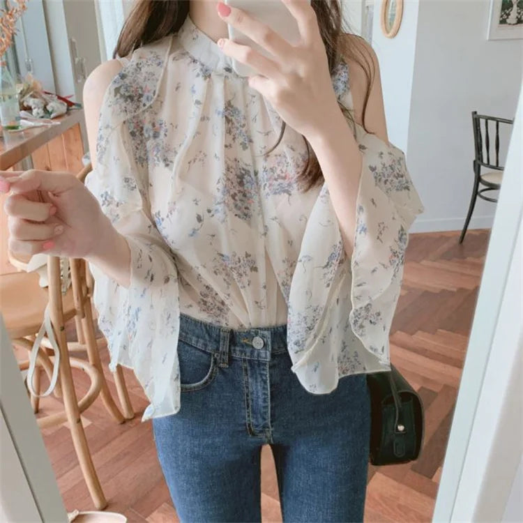 Sexy Ruffle Off Shoulder Flowers Pattern Blouse Shirts