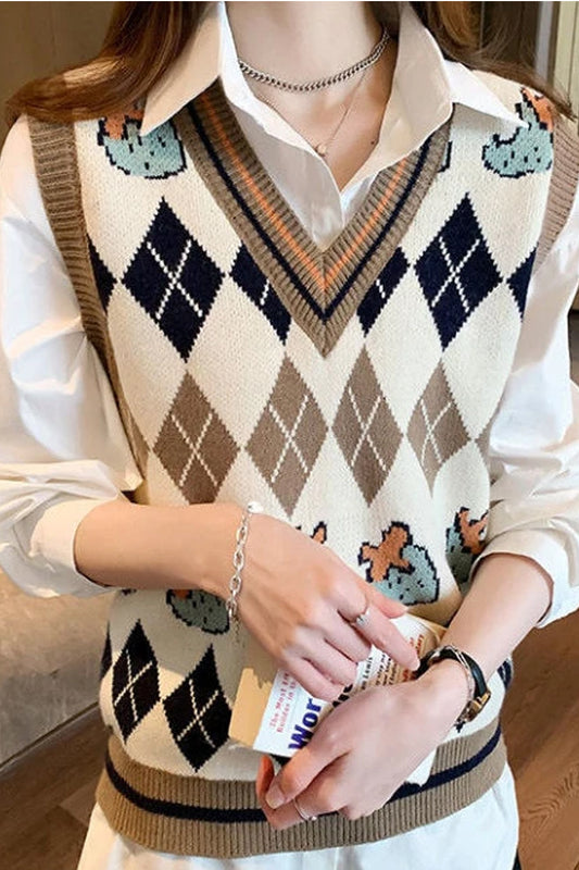 V-Neck Argyle Pattern Vest Sweater