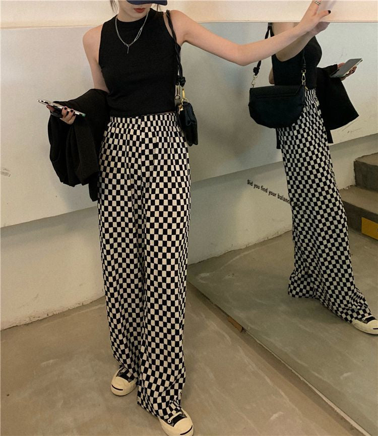 High Waist Black and White Plaid Long Pants