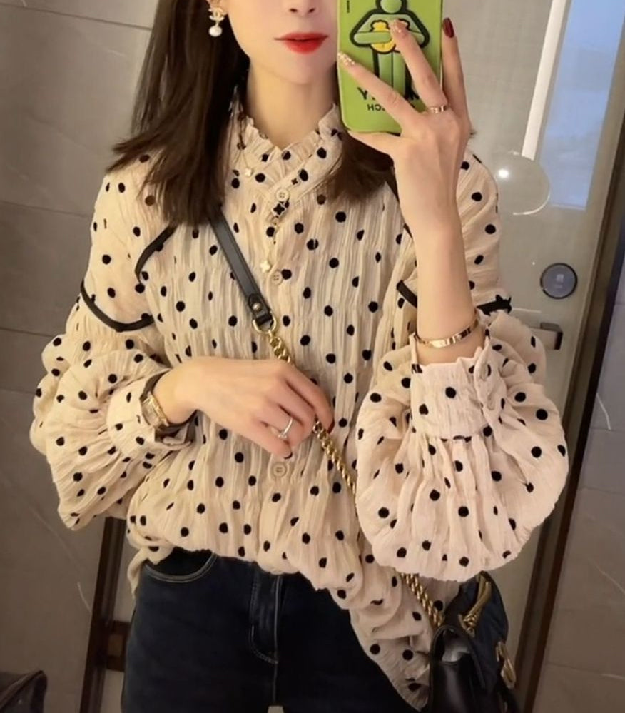 Retro Polka Dot Pattern Fold Blouse Shirt