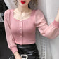 Long Sleeve Square Collar Knitted Blouse Shirt