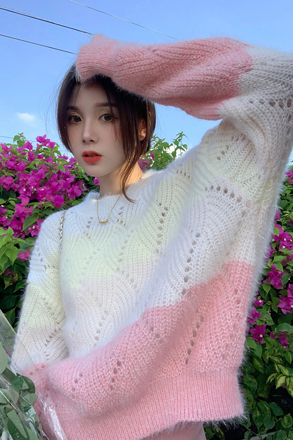 Long Sleeve Gradient Colors Hollow Out Sweater