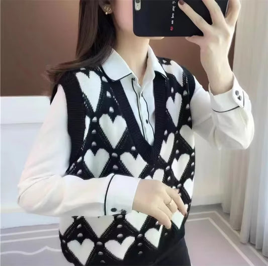 V-Neck Hearts Pattern Vest Sweater