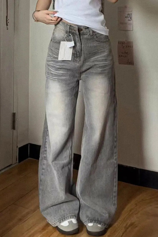 High Waist Vintage Washed Light Grey Jeans Pants