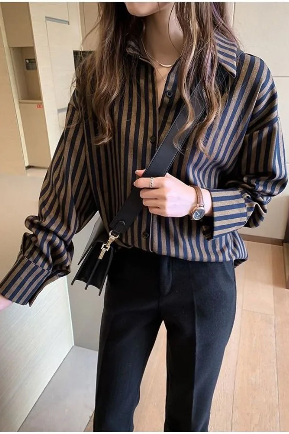 Long Sleeve Dark Color Striped Blouse Shirts