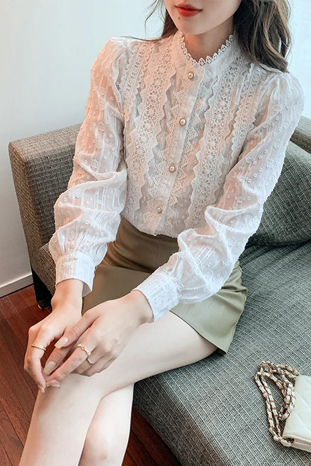 Long Sleeve High Collar Lace Blouse Shirt