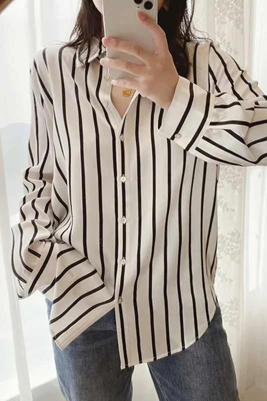 Long Sleeve Retro Black White Striped Blouse Shirts