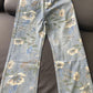 Loose Wide Leg Flowers Pattern Jeans Pants