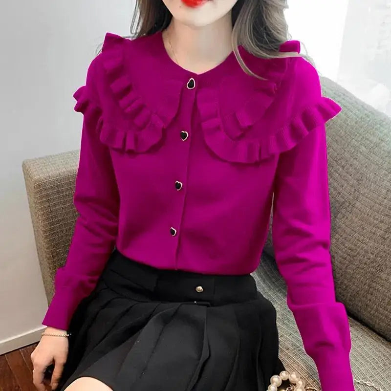 Cute Ruffled Peter Pan Collar Slim Sweater