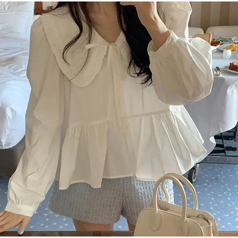 Long Sleeve Doll Collar Lace Up Blouse Shirts