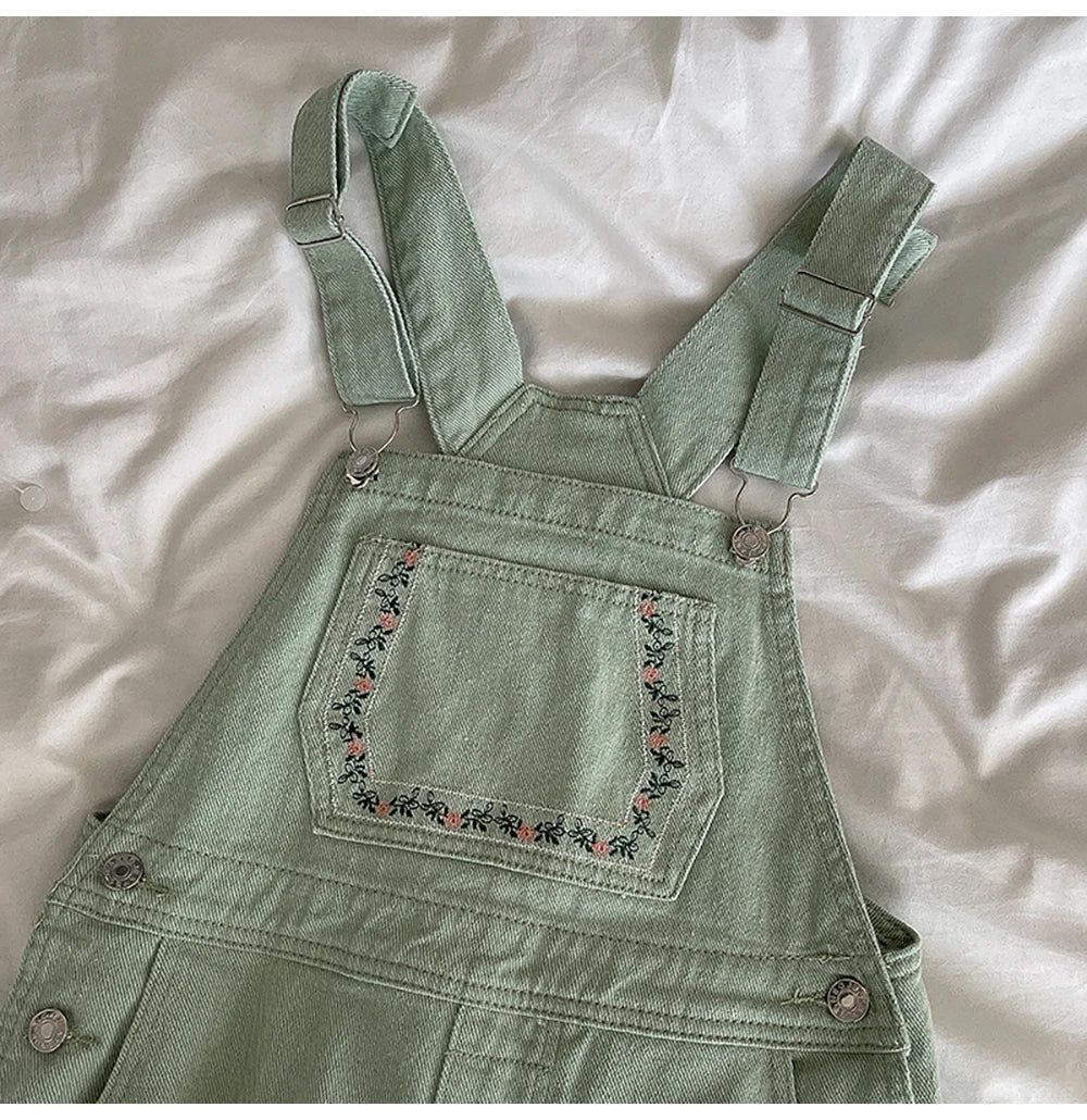 Floral Embroidered Light Green Denim Jumpsuits