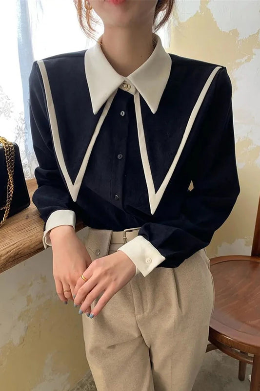 Long Sleeve Vintage Turn Down Collar Office Blouse Shirts