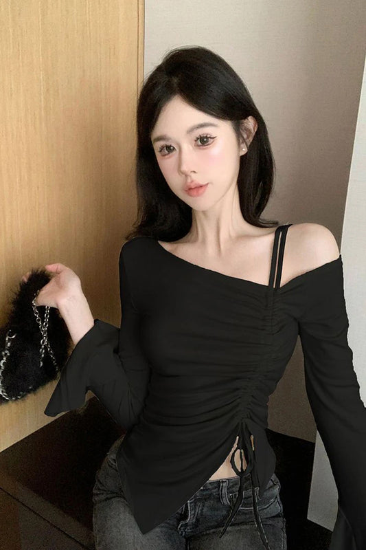 Long Sleeve Off Shoulder Lace Drawstring Shirt