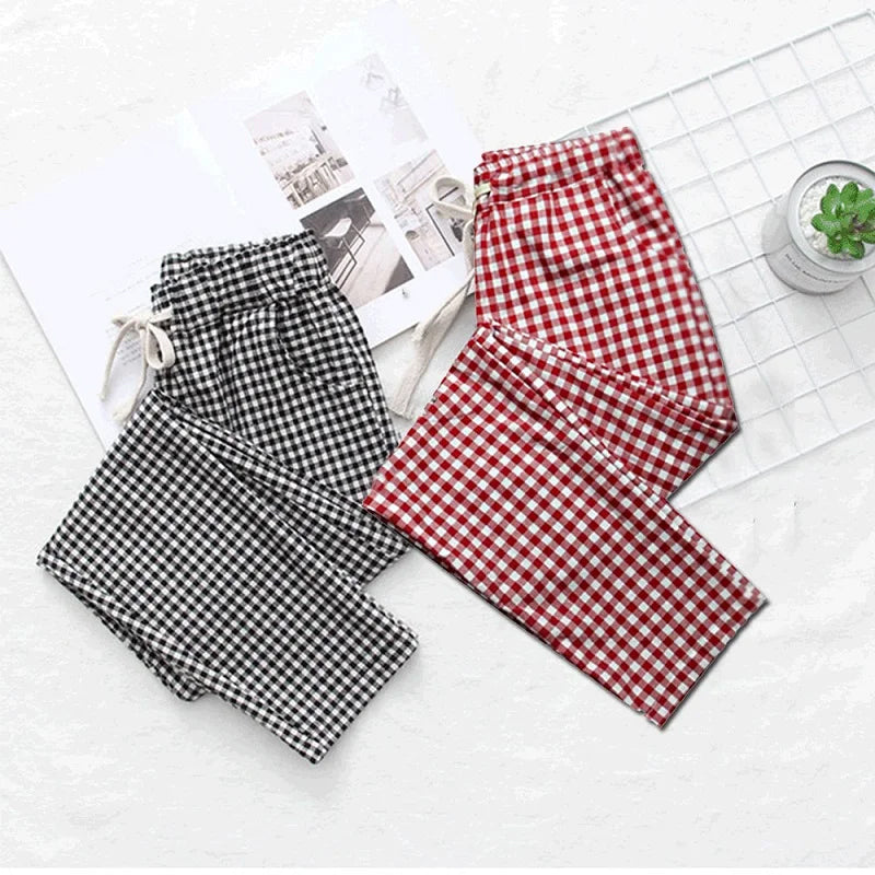 High Waist Casual Cotton Linen Plaid Pants