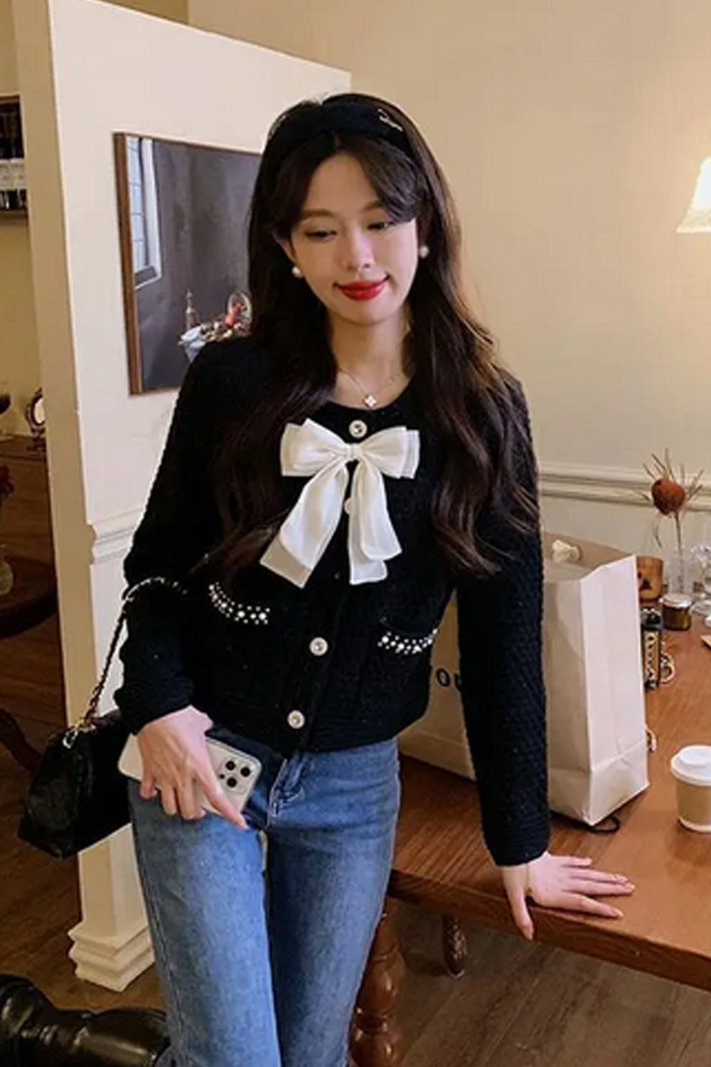 Long Sleeve Bow Extended Knitted Sweater