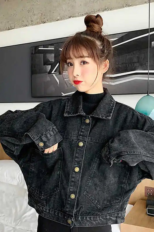 Loose Cropped Black Denim Jeans Jacket