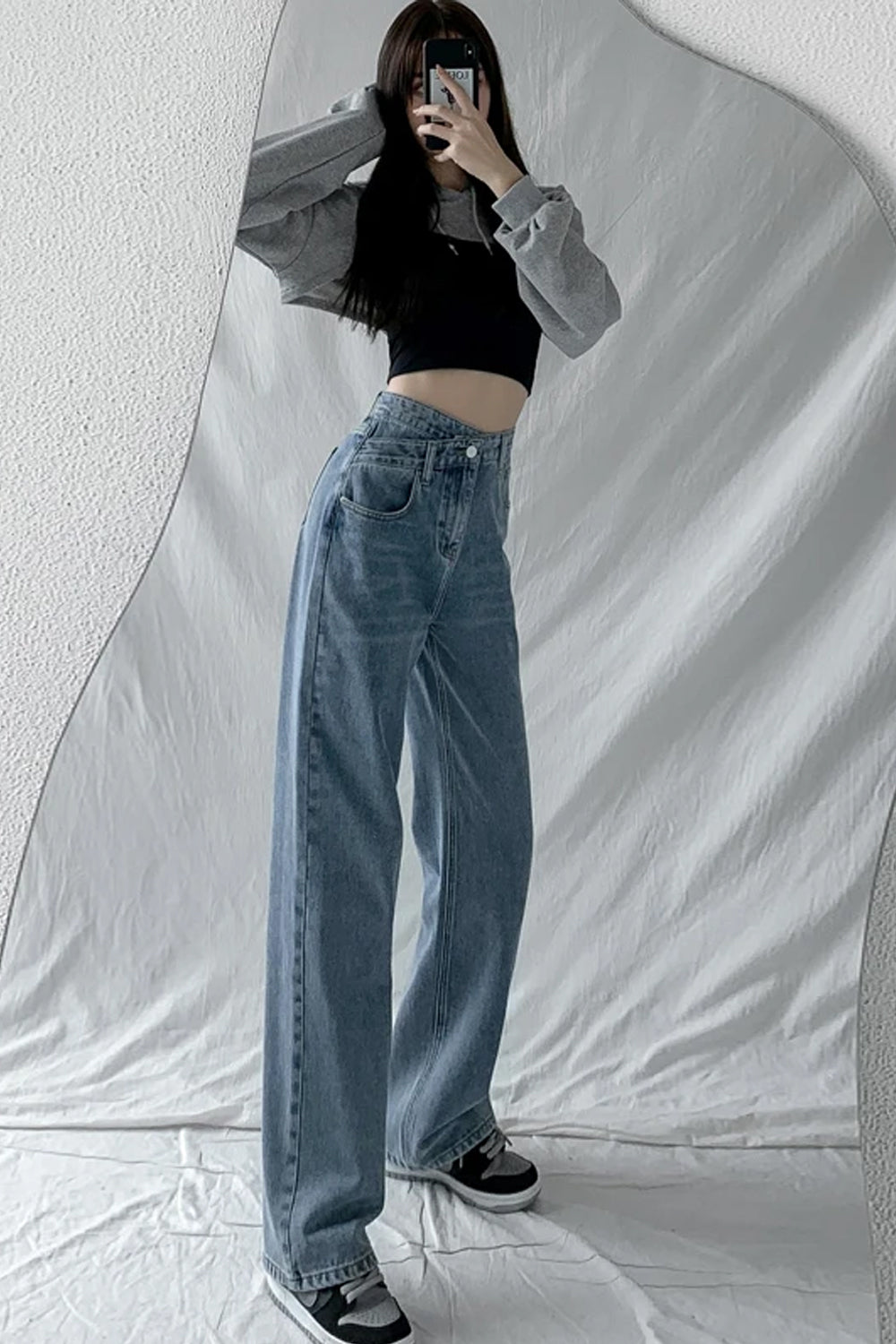 Cross Waist Wide Leg Long Jeans Pants