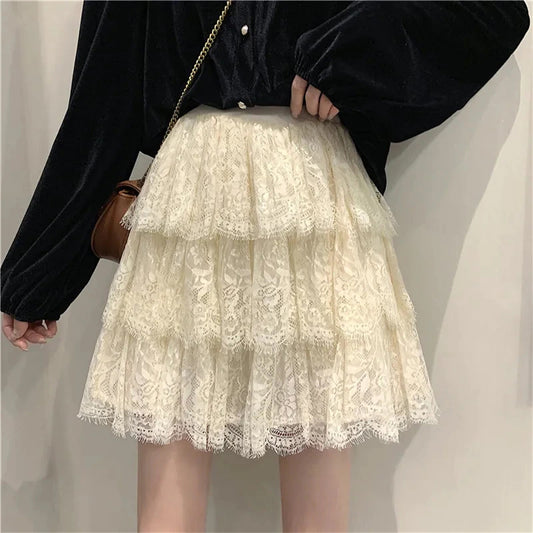 High Waist A-Line Pleated Lace Skirts