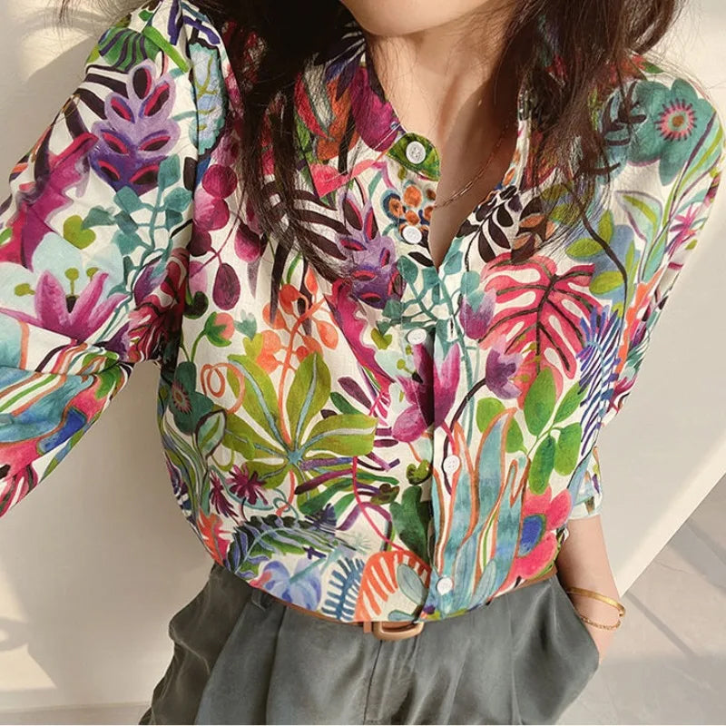 Long Sleeve Colorful Flowers Pattern Blouse Shirts