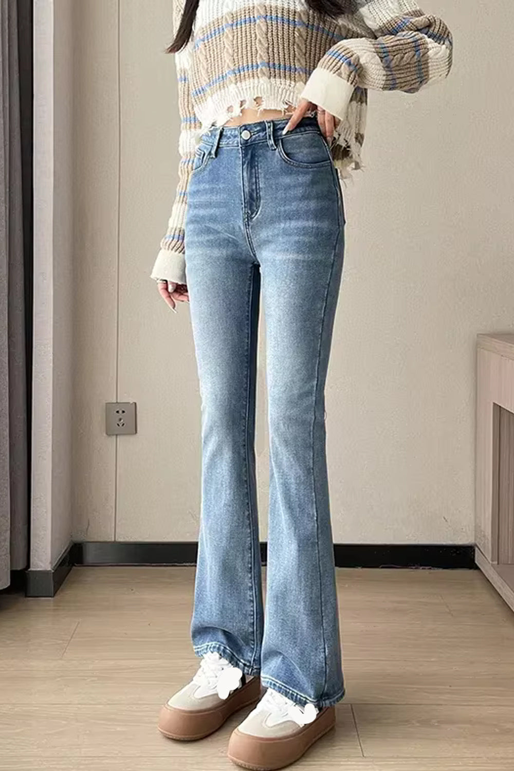 High Waist Warm Fleece Side Slim Flare Jeans Pants