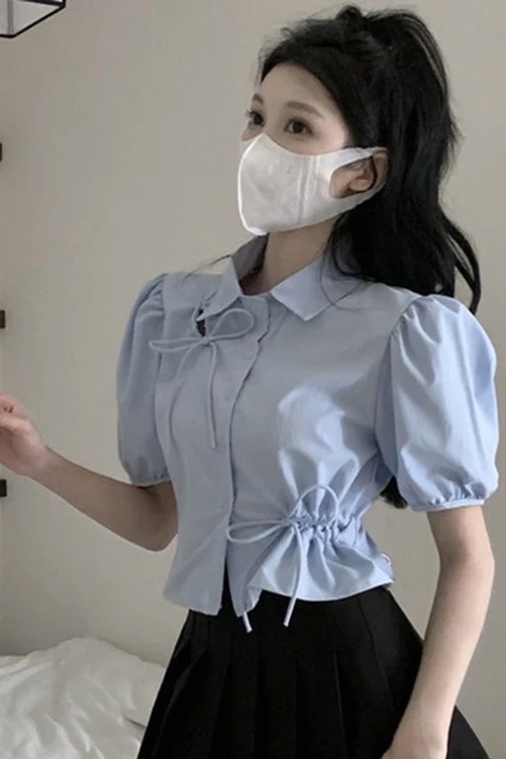 Puff Sleeve Bow Tie Cropped Shirt