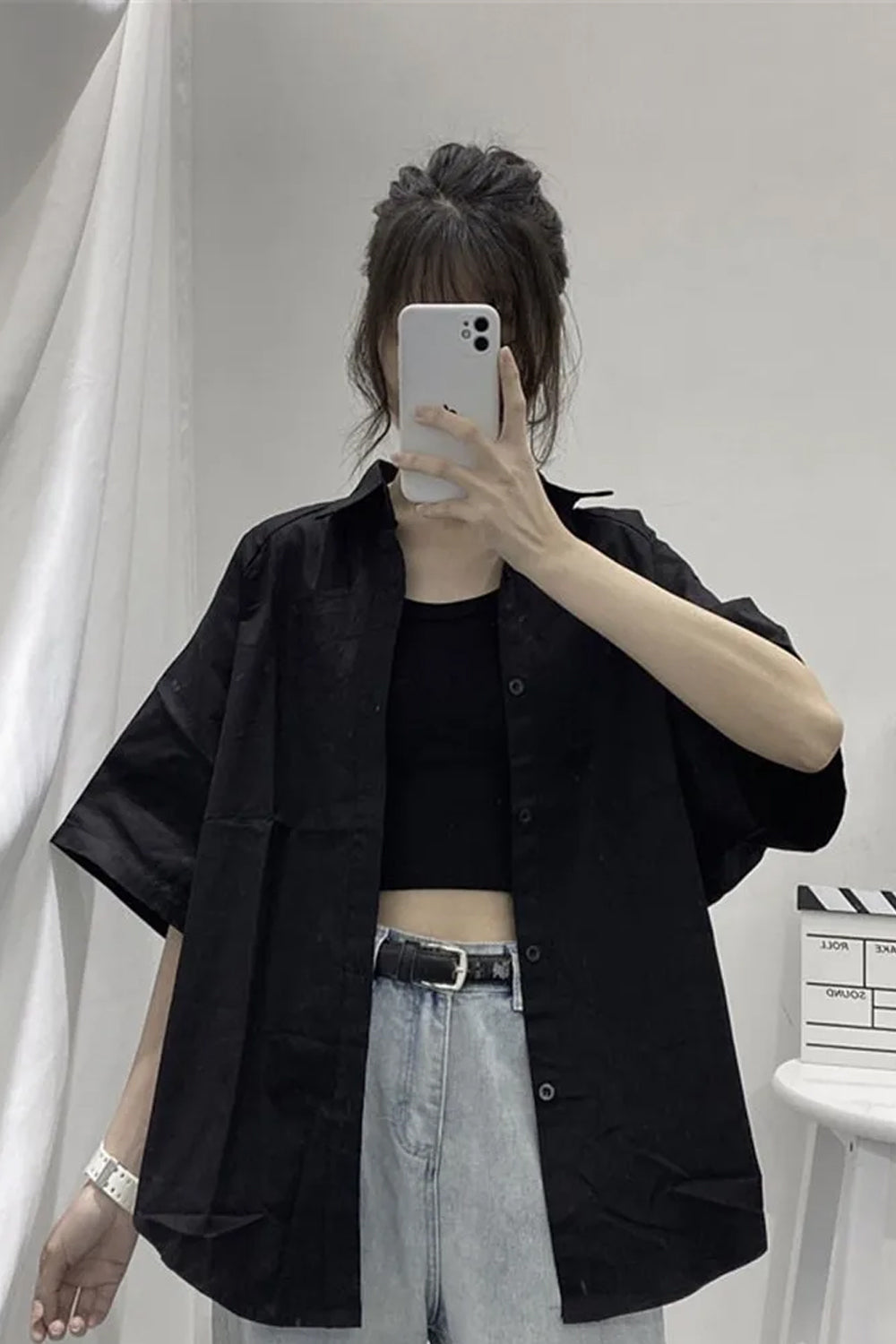 Loose Retro Solid Black Blouse Shirts