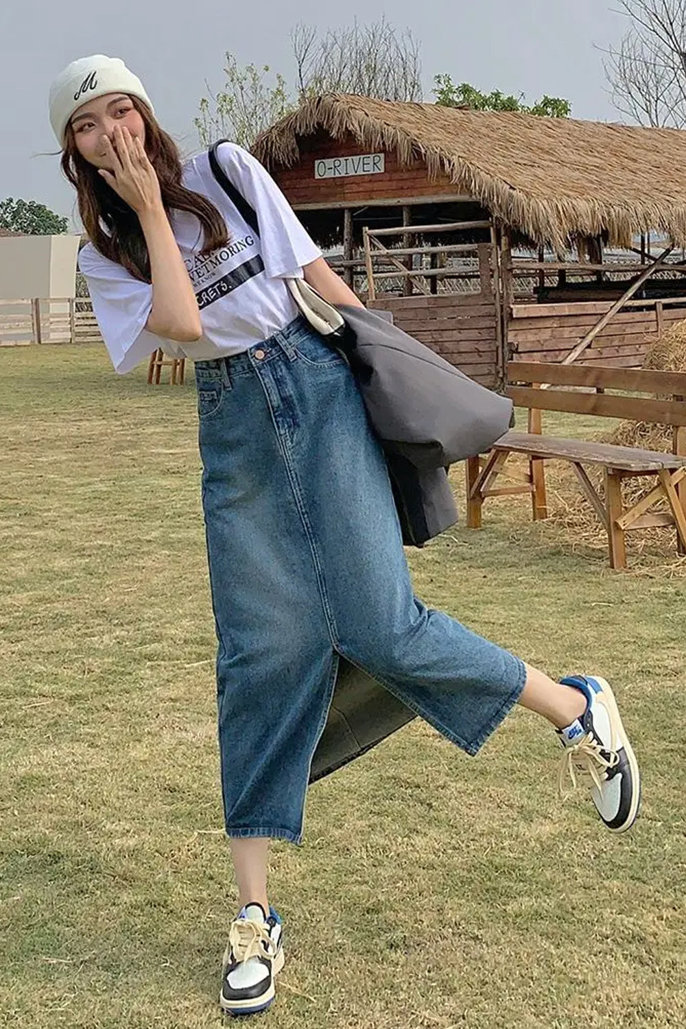 High Waist Front Slit Denim Long Skirts