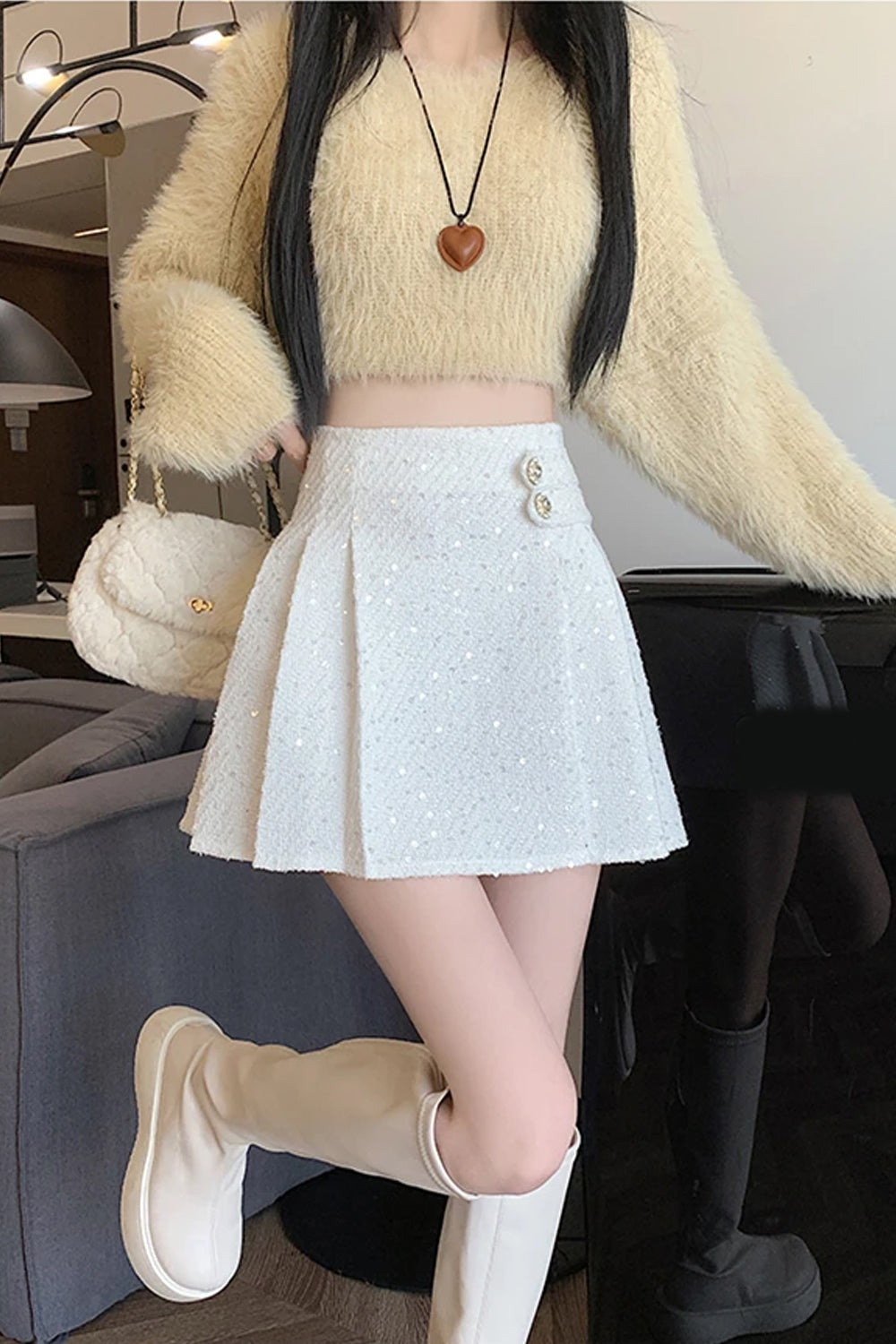 High Waist Sequined Pleated Mini Skirts