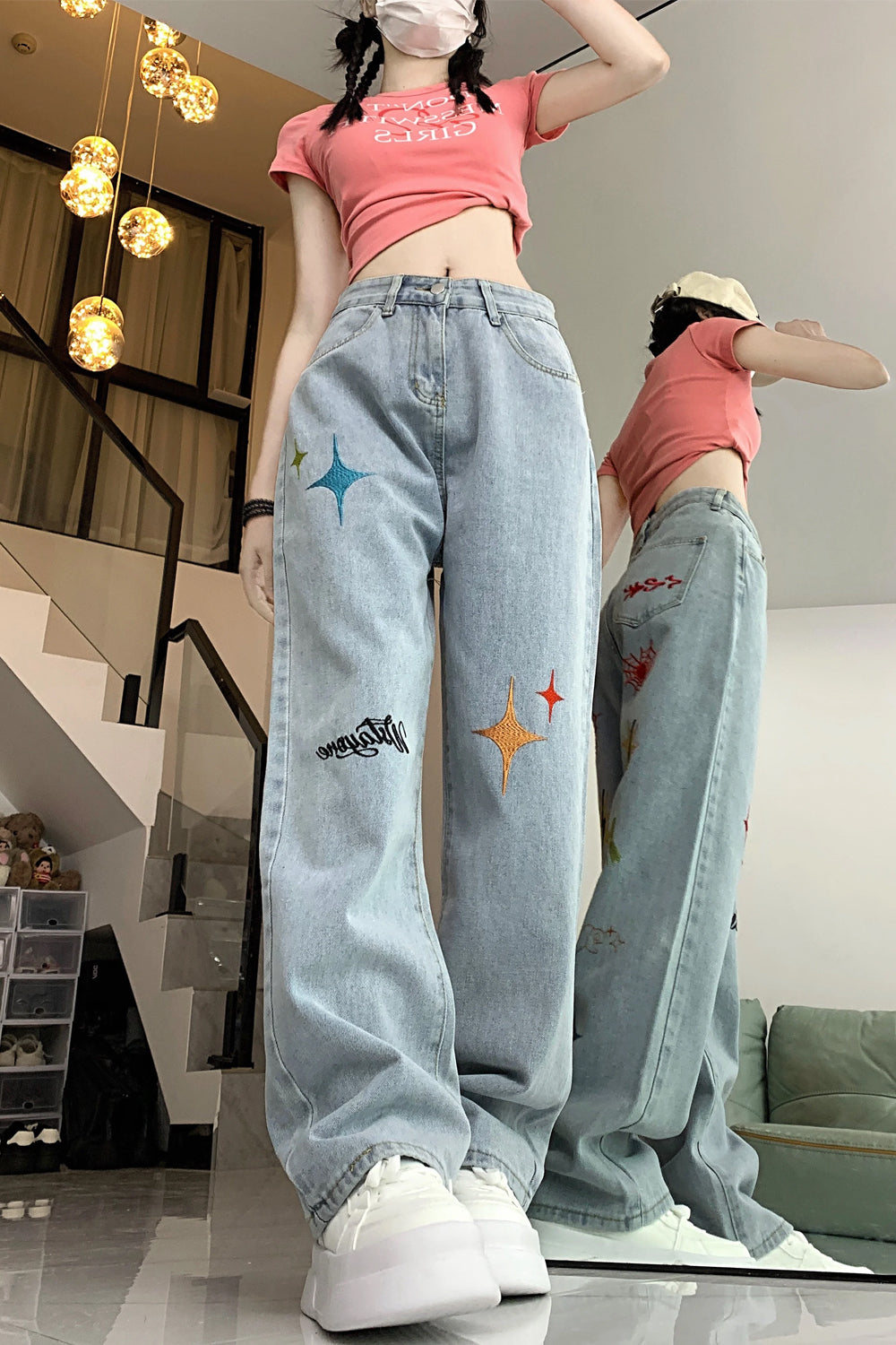 High Waist Trendy Embroidered Jeans Pants