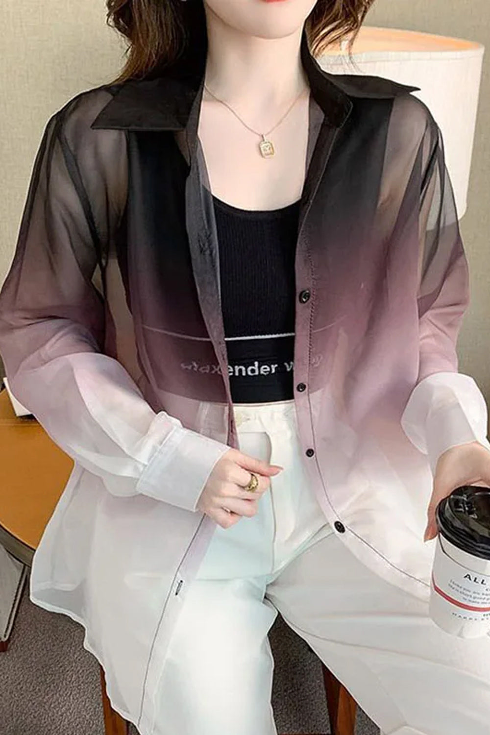 Long Sleeve Gradient Colors Transparent Blouse Shirts