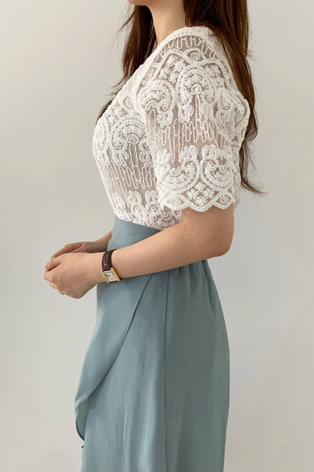 Short Sleeve Notched Style Lace Embroidered Shirt