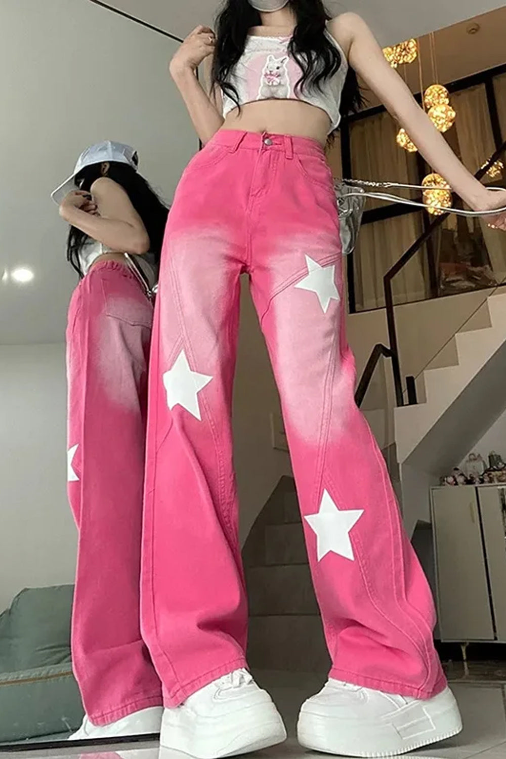 High Waist Stars Pattern Long Pink Jeans