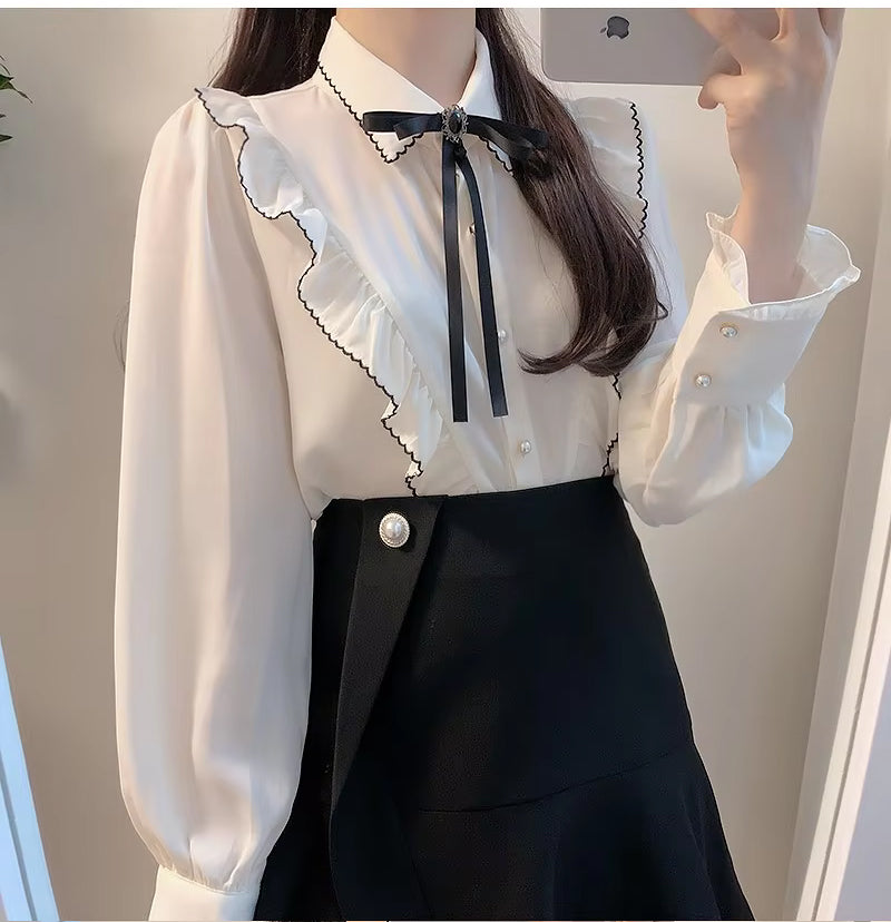 Long Sleeve Bow Tie Style Blouse Shirt