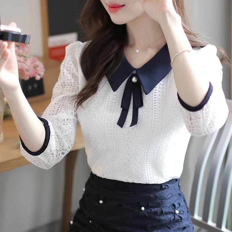 Half Sleeve Lace Hollow Out Office Blouse Shirt