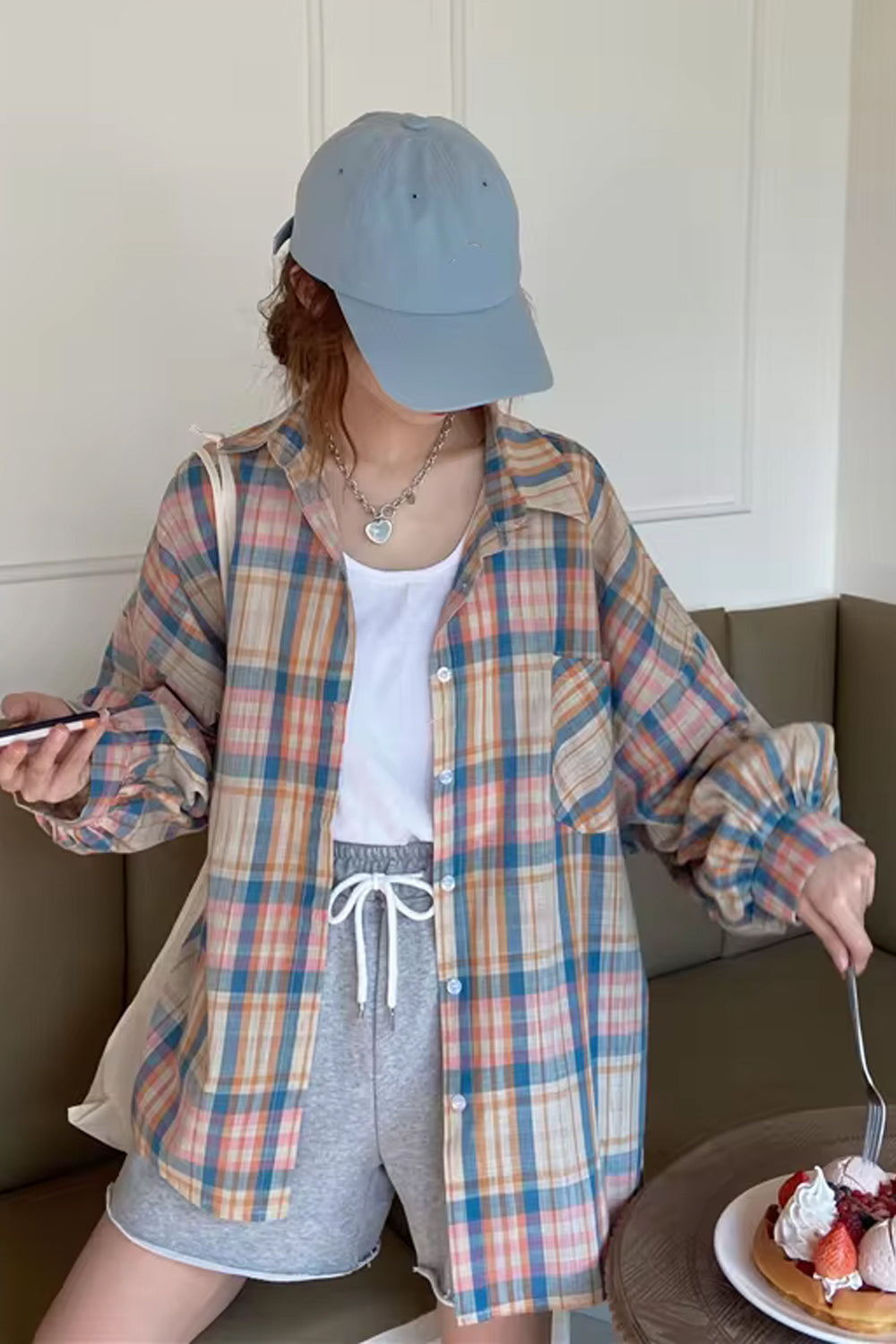 Long Sleeve Light Plaid Colors Blouse Shirt