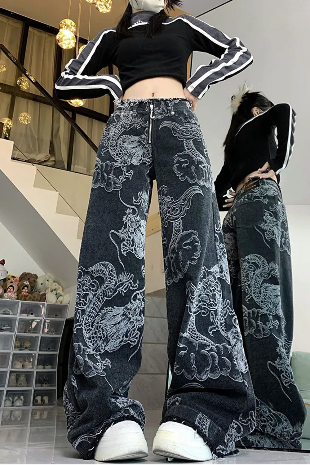 Loose Wide Leg Dragon Pattern Black Jeans Pants