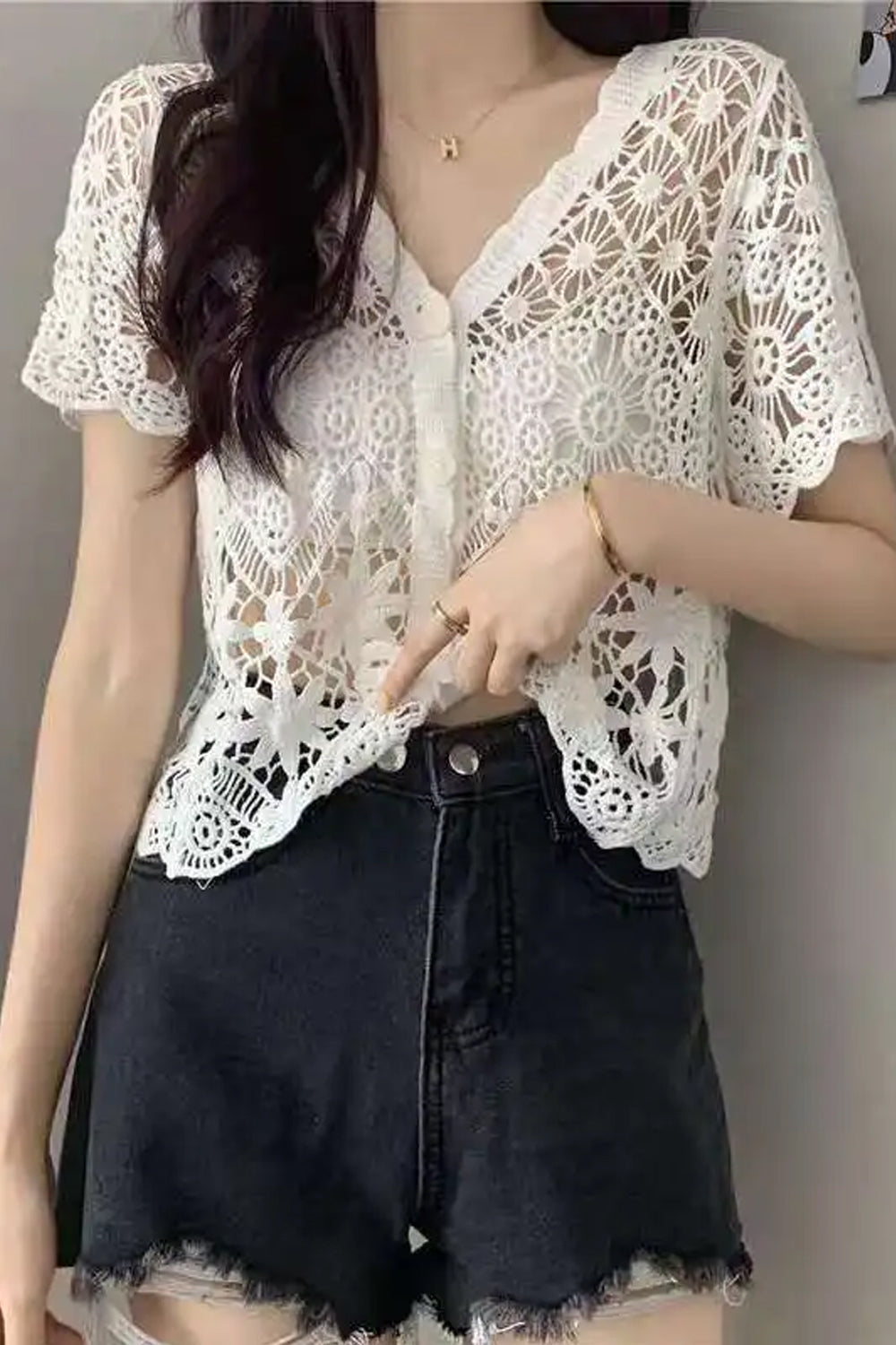 Sexy V-Neck Knitted Embroidered Lace Shirt