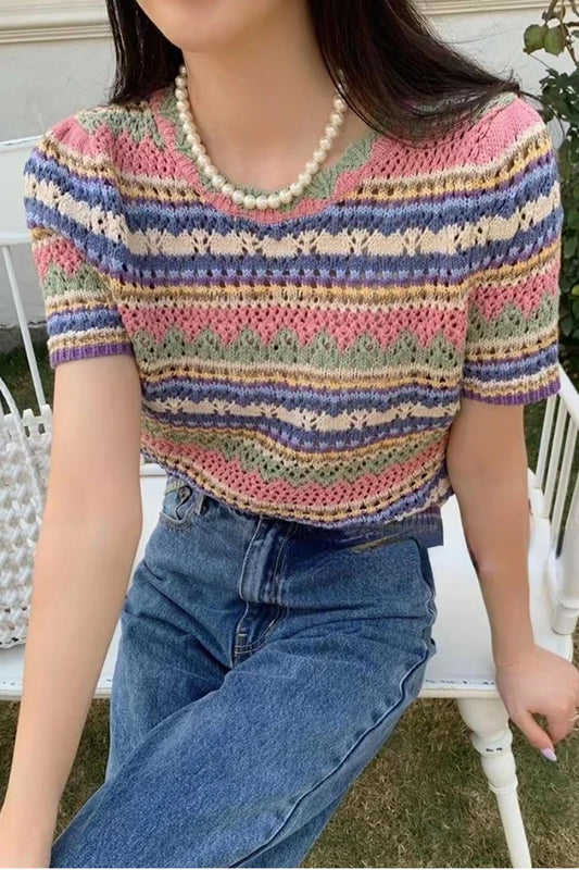 Striped Knitted Hollow Out Crop Shirts