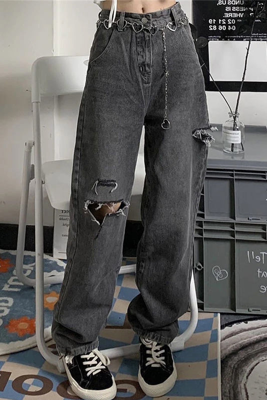 High Waist Ripped Dark Grey Long Jeans Pants