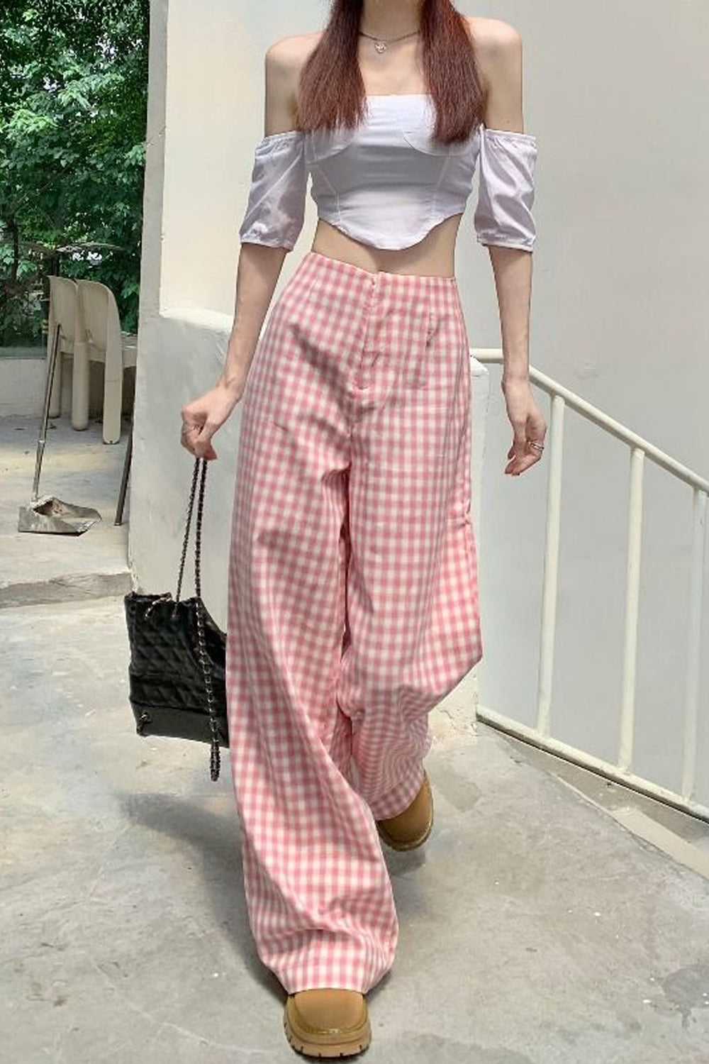 Loose Elegant Pink Plaid Pants