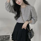 Retro Three Quarter Sleeve Plaid Blouse Shirts