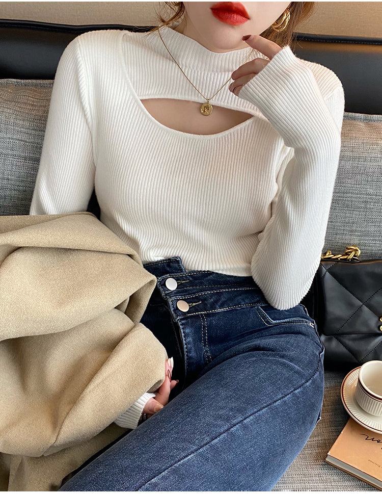 Long Sleeve Sexy Cut Out Mock Neck Knitted Sweater