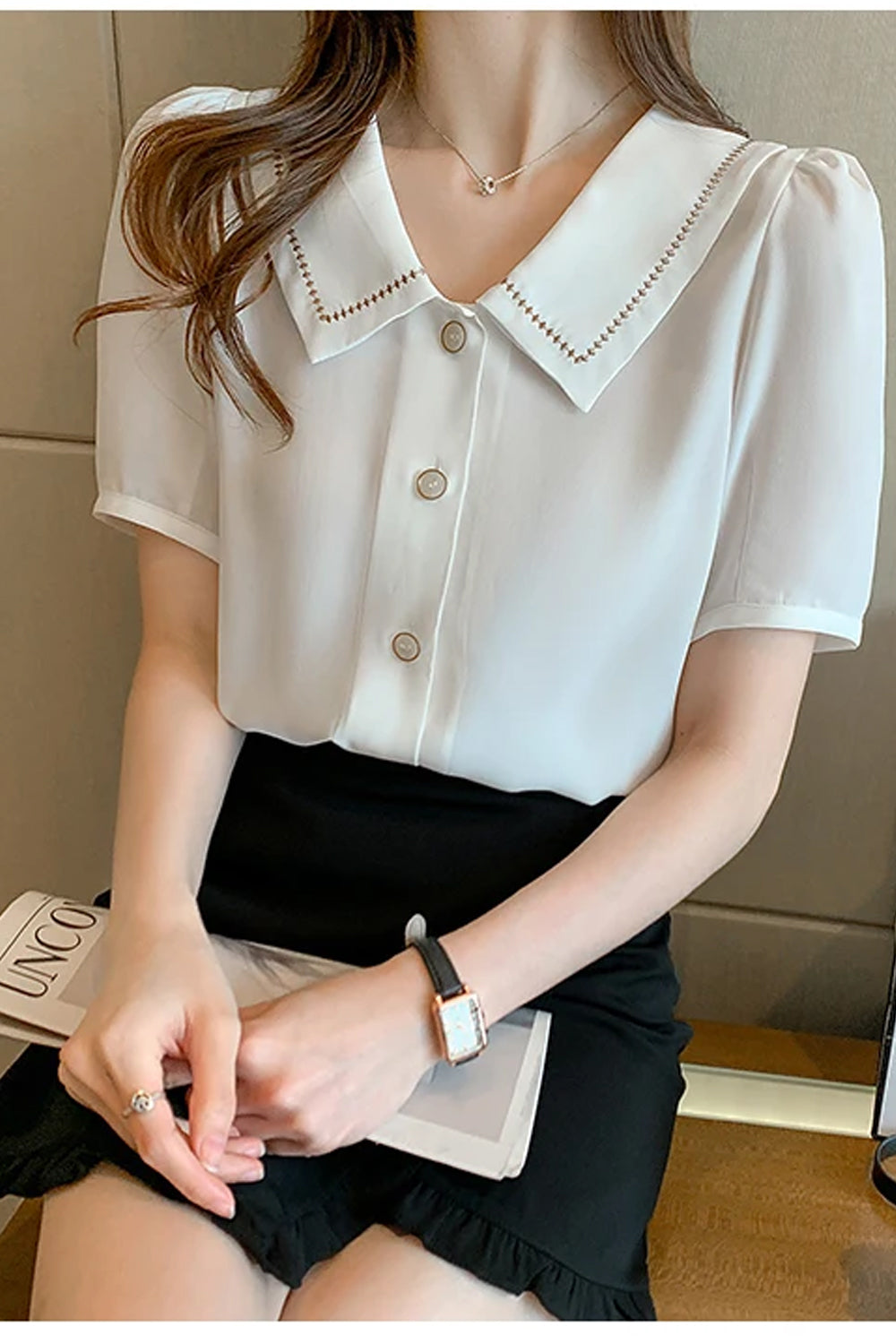 Short Sleeve Turn Down Collar Office Blouse Shirts