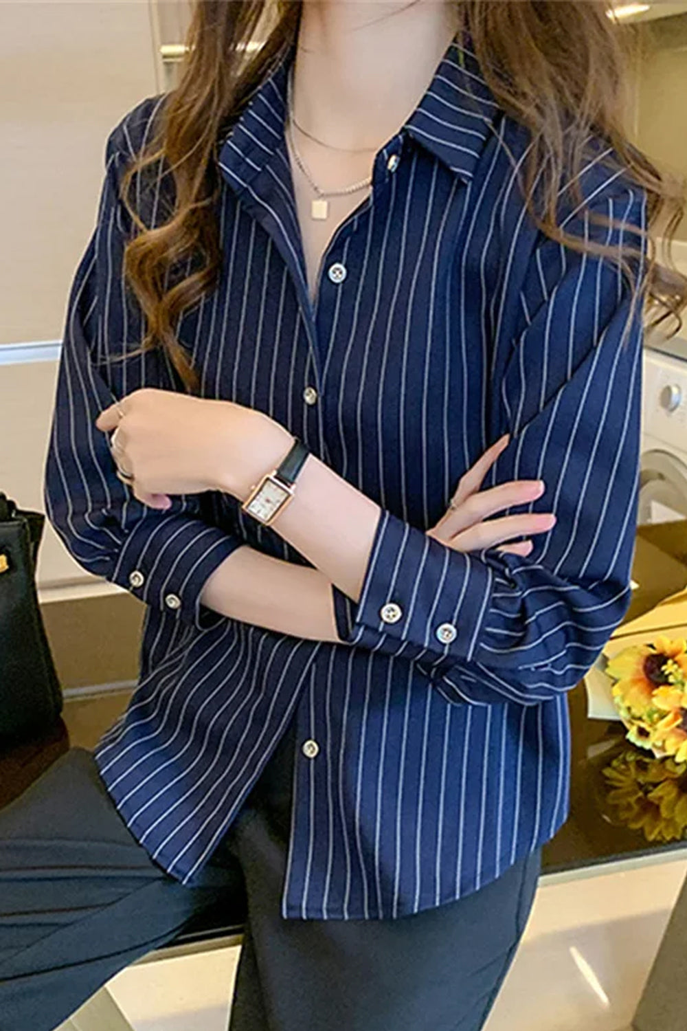 Long Sleeve Classic Striped Office Blouse Shirts